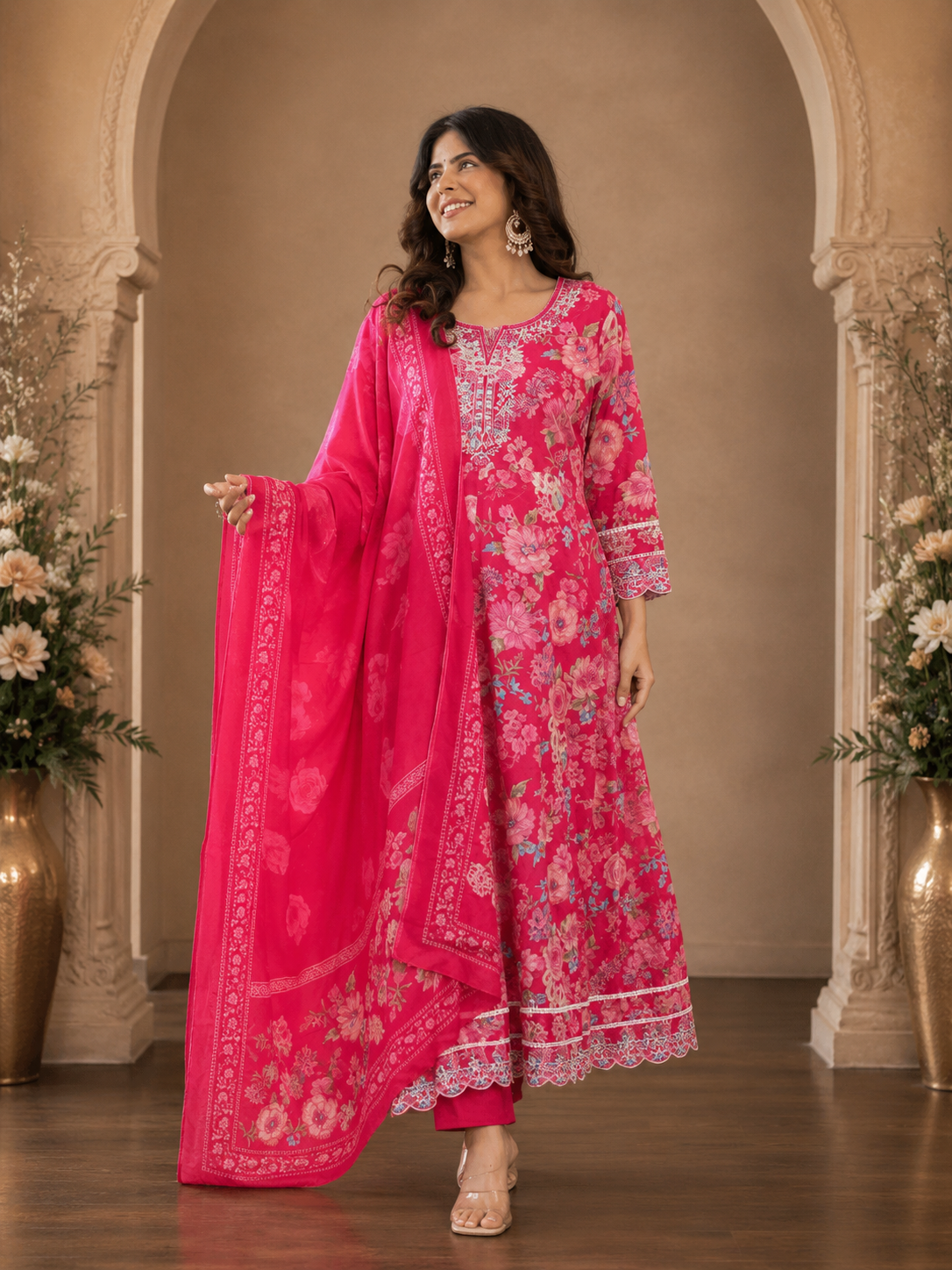 Women's 3-Piece Frock Kurta Set with Palazzo & Dupatta