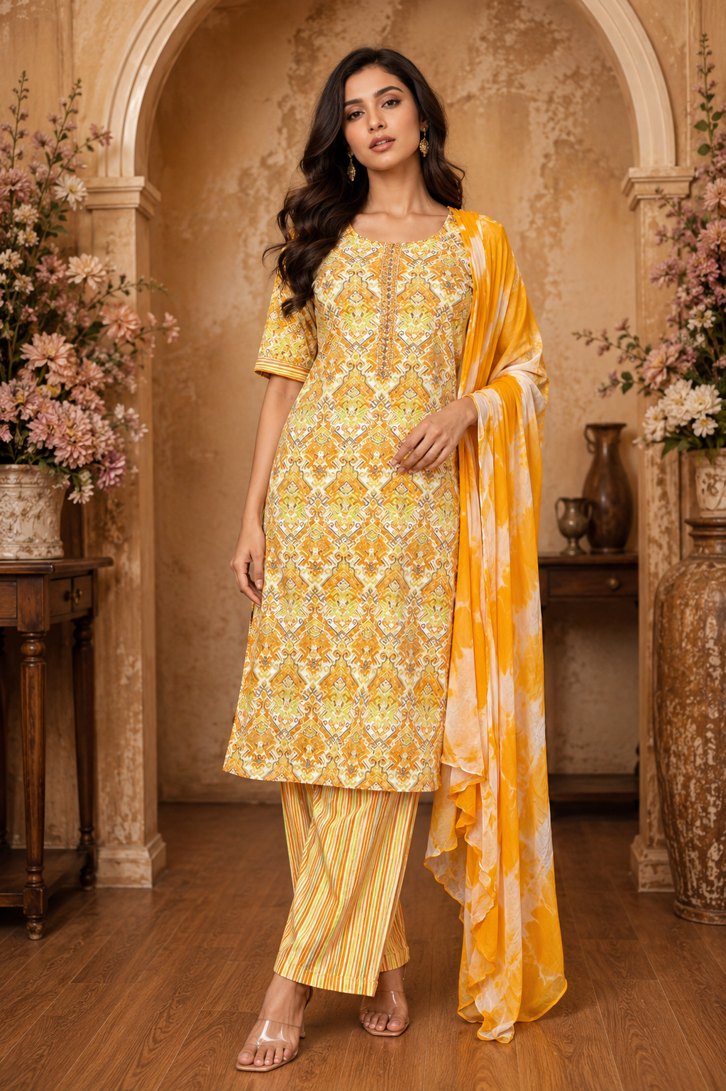 Women's 3-Piece Kurta Set with Palazzo & Dupatta