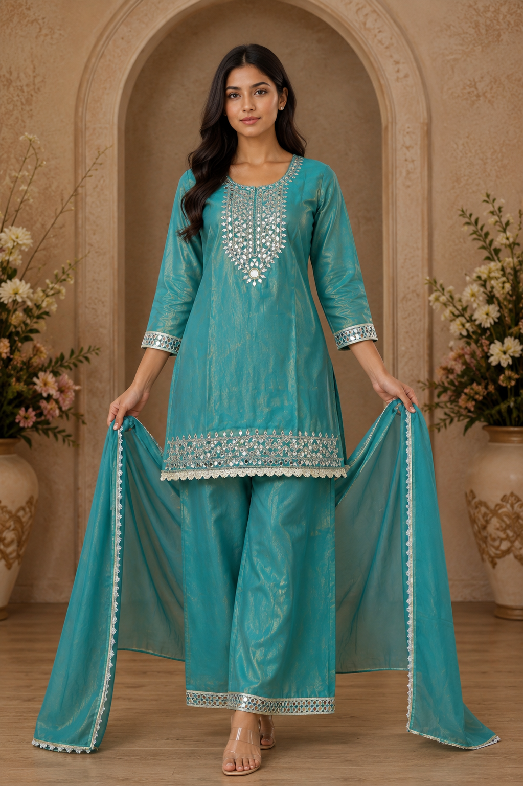 Women's Designer 3-Piece Suit Set – Kurti, Palazzo & Dupatta (Embroidered/Printed) – Party & Festive Wear