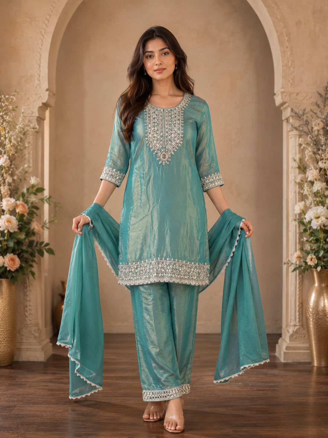 Women's 3-Piece Kurta Set with Palazzo & Dupatta