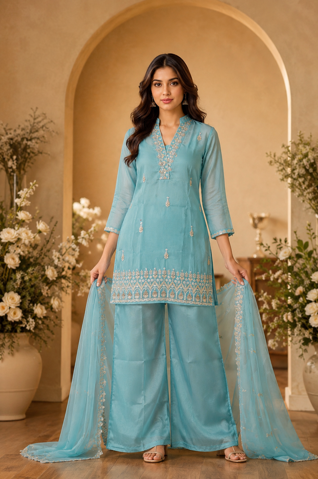 Women's 3-Piece Kurta Set with Palazzo & Dupatta
