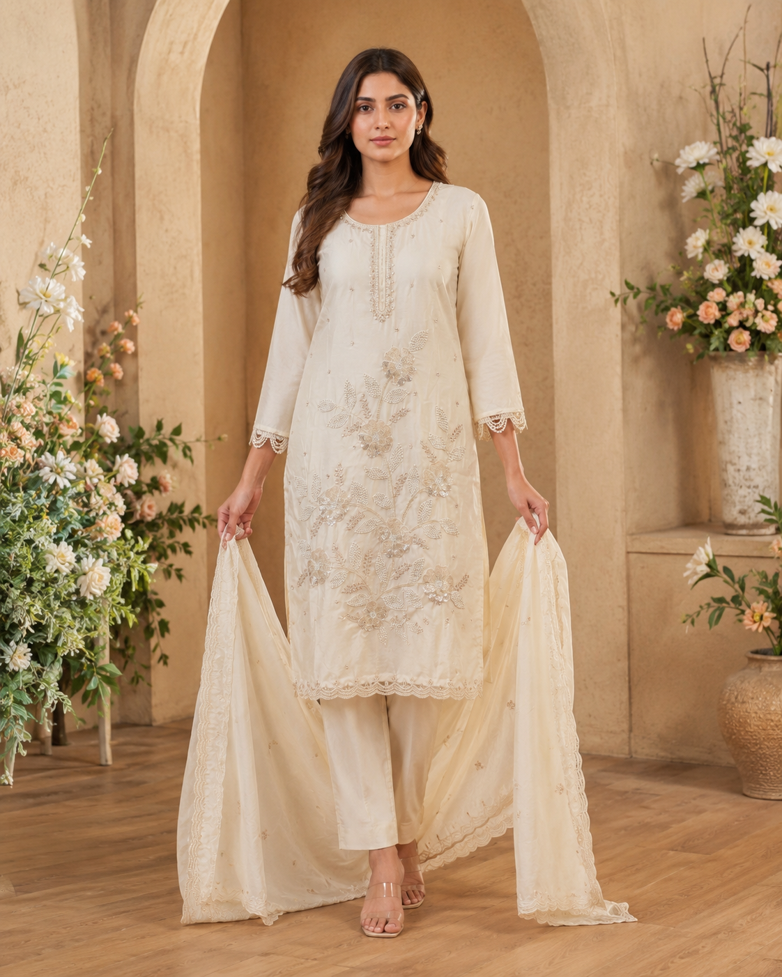 Women's 3-Piece Kurta Set with Palazzo & Dupatta