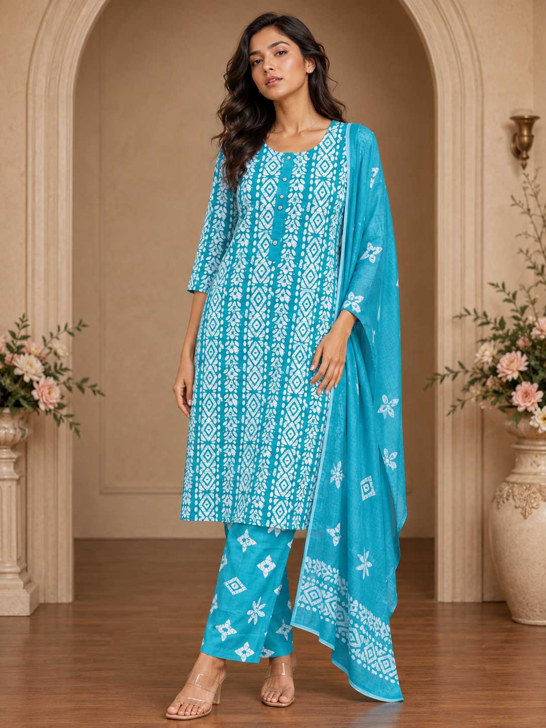 Women's 3-Piece Kurta Set with Palazzo & Dupatta