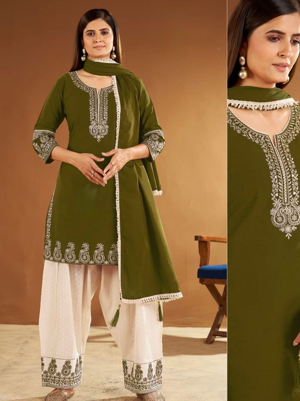 Women's 3-Piece Kurta Set with Farshi Salwar & Dupatta