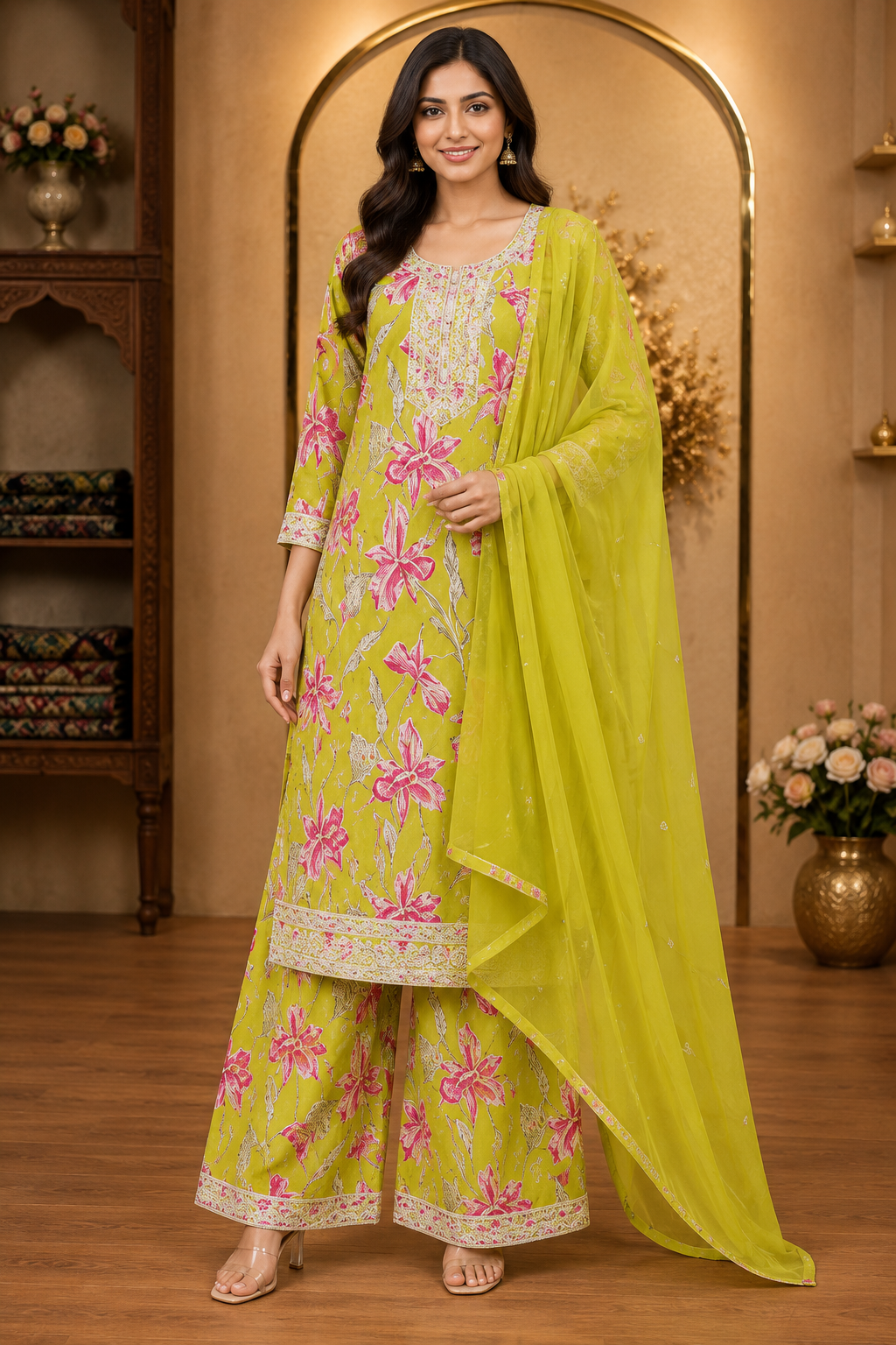 Women's 3-Piece Kurta Set with Palazzo & Dupatta