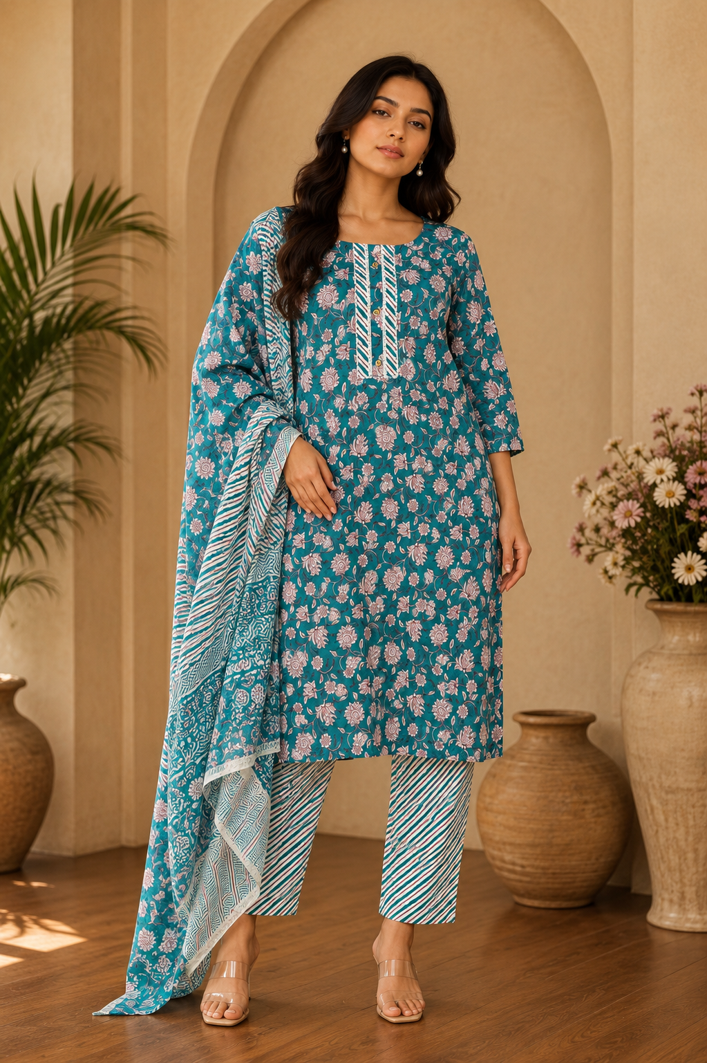 Women's 3-Piece Kurta Set with Palazzo & Dupatta