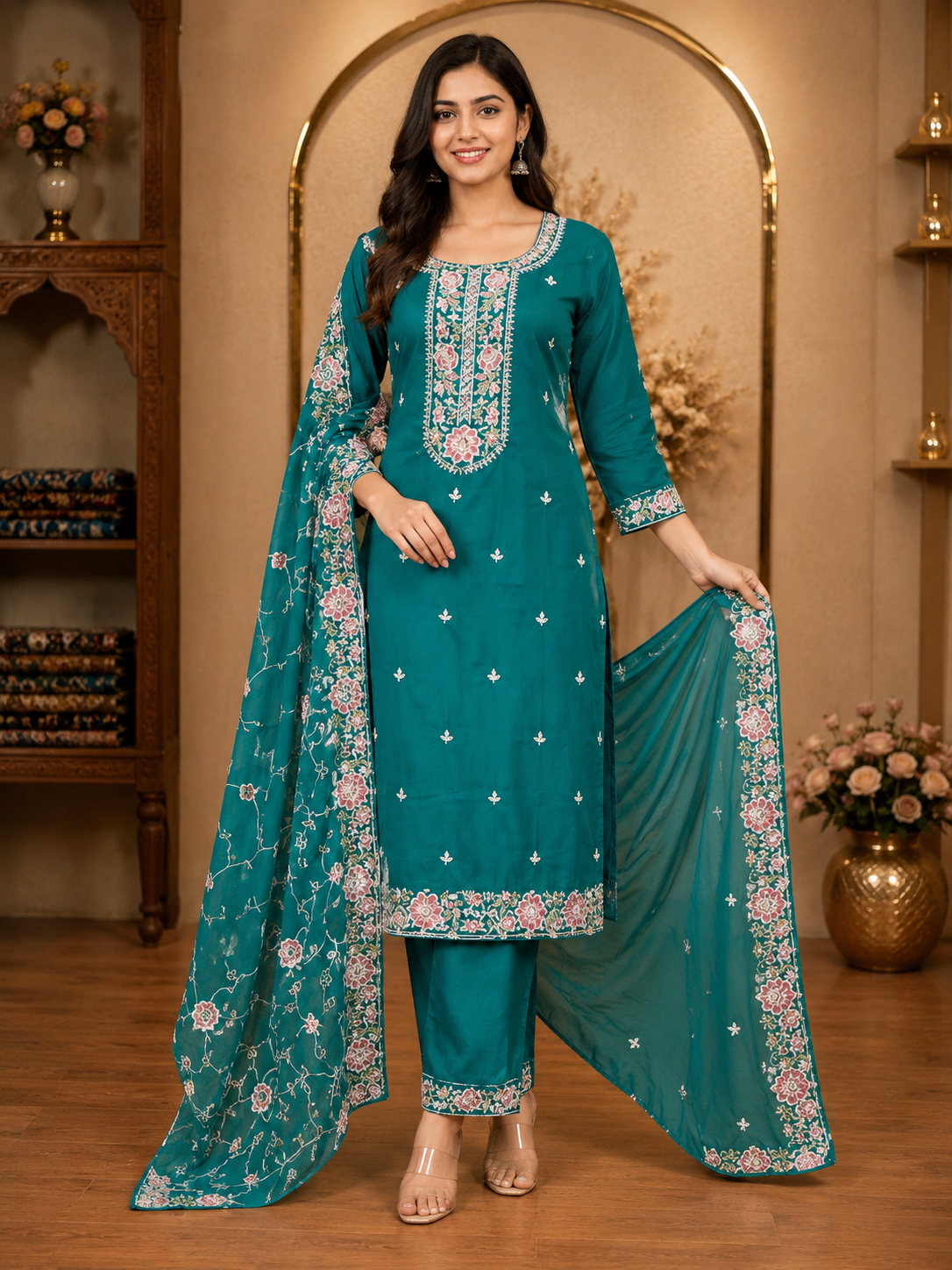 Women's 3-Piece Kurta Set with Palazzo & Dupatta