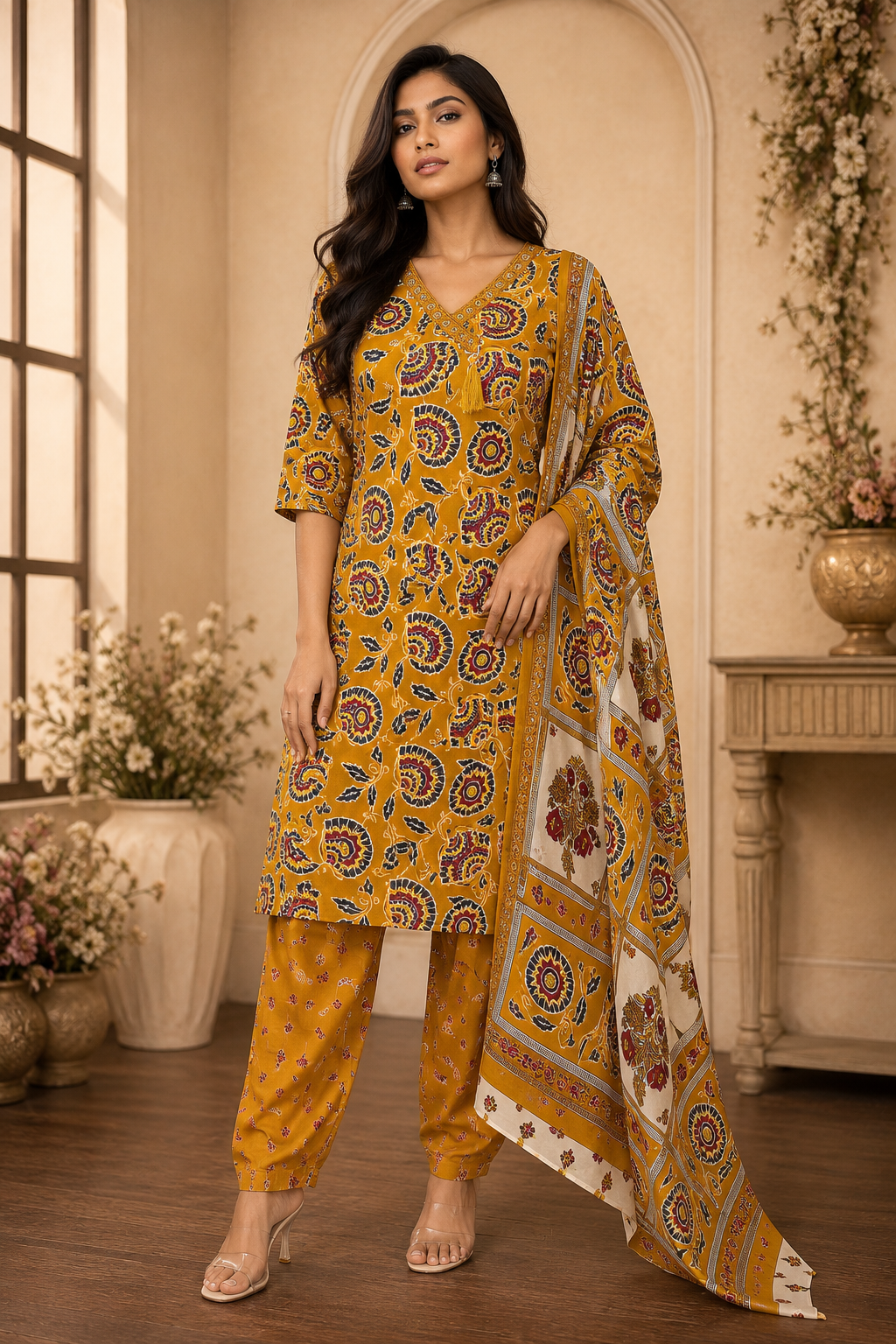 Women's 3-Piece Kurta Set with Palazzo & Dupatta