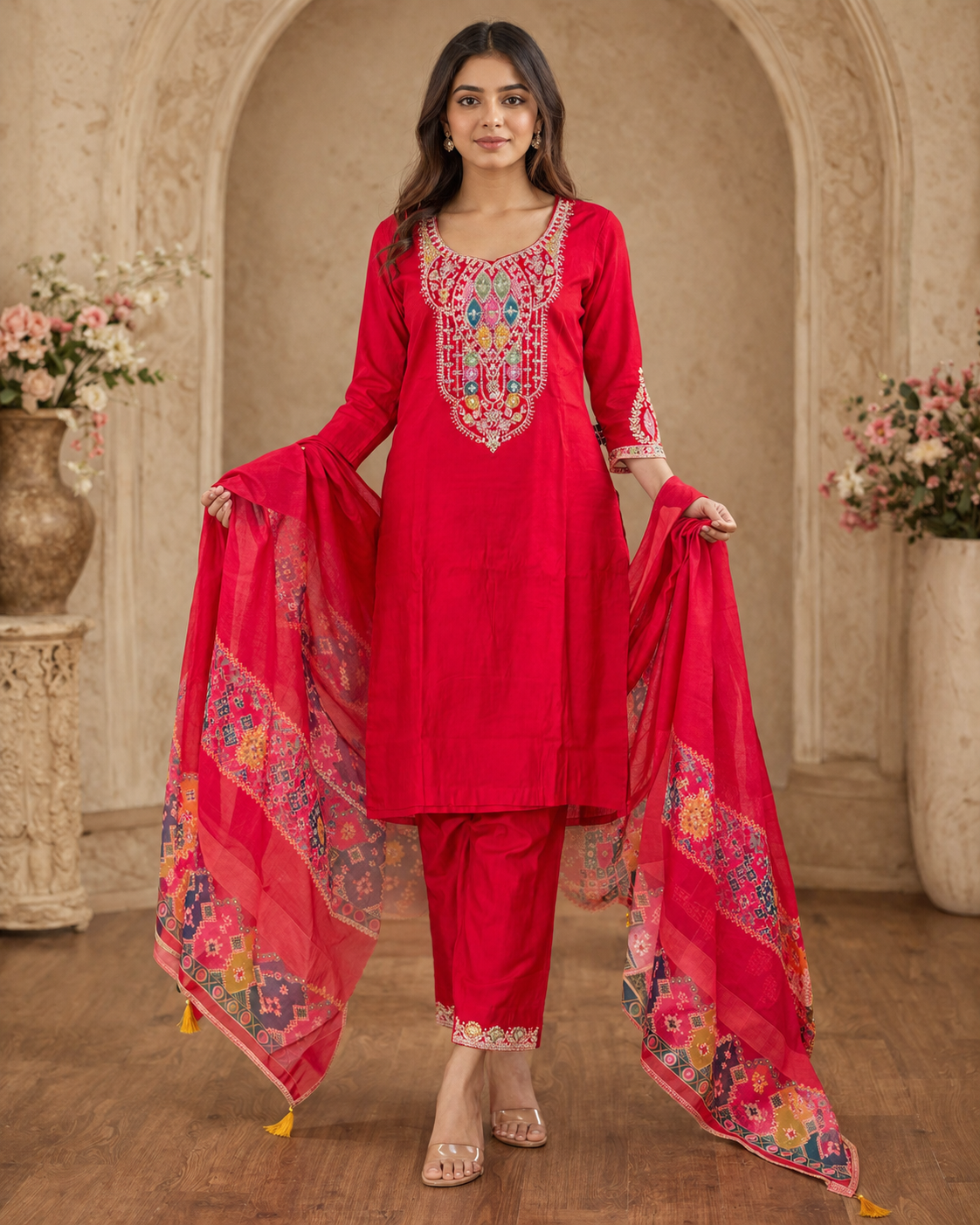 Women's 3-Piece Kurta Set with Palazzo & Dupatta