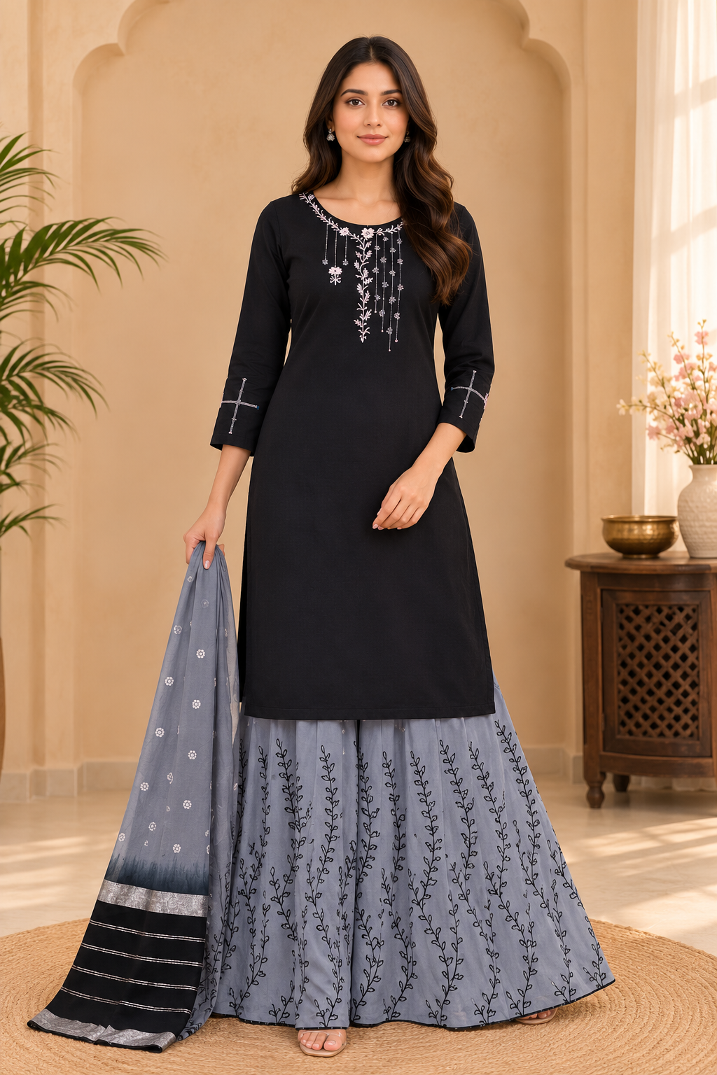 Women's 3-Piece Kurta Set with Skirt & Dupatta