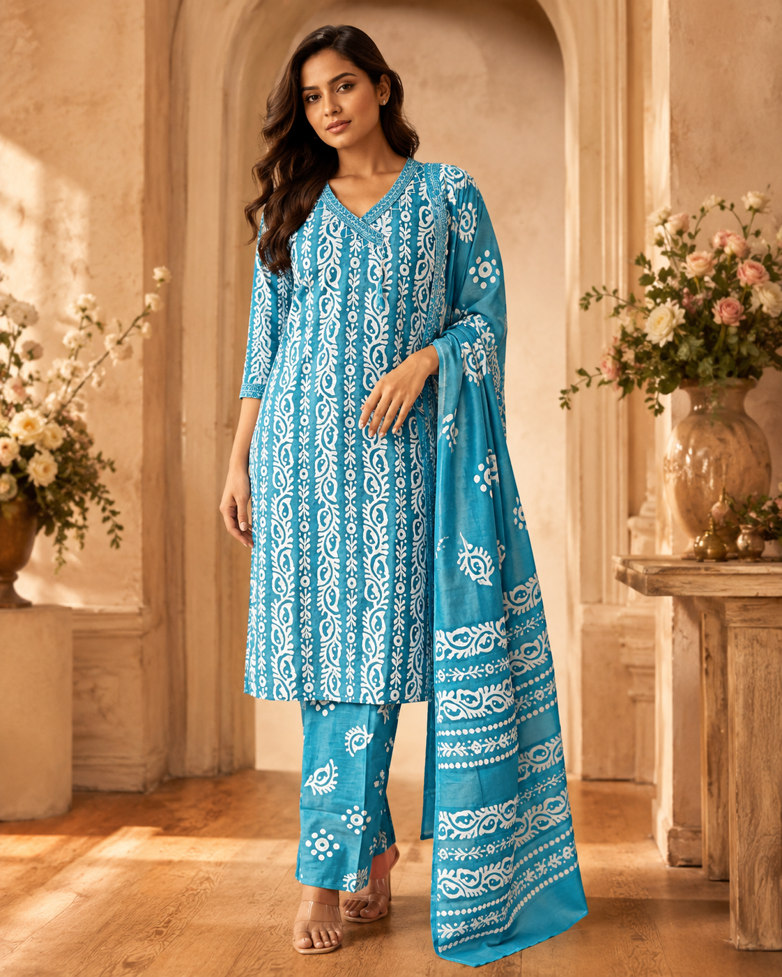 Women's 3-Piece Kurta Set with Palazzo & Dupatta