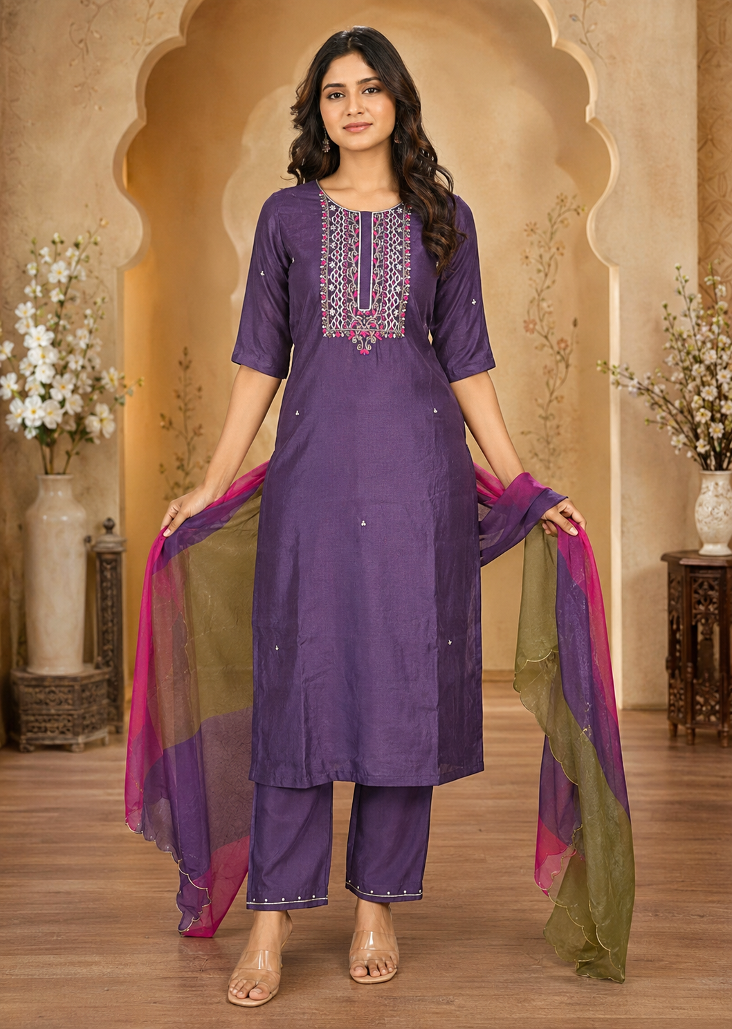 Women's 3-Piece Kurta Set with Palazzo & Dupatta