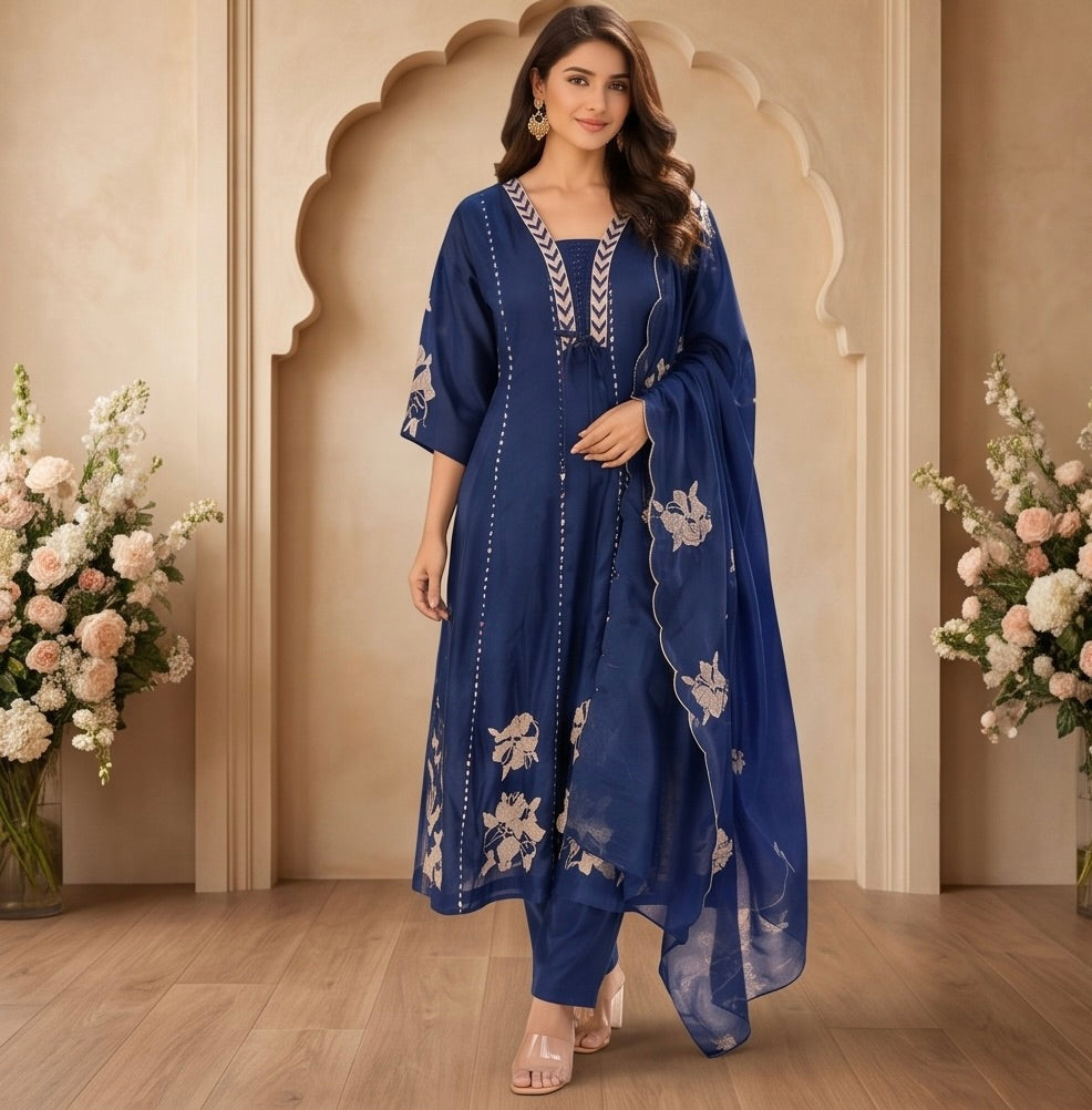 Women's 3-Piece Frock Kurta Set with Palazzo & Dupatta