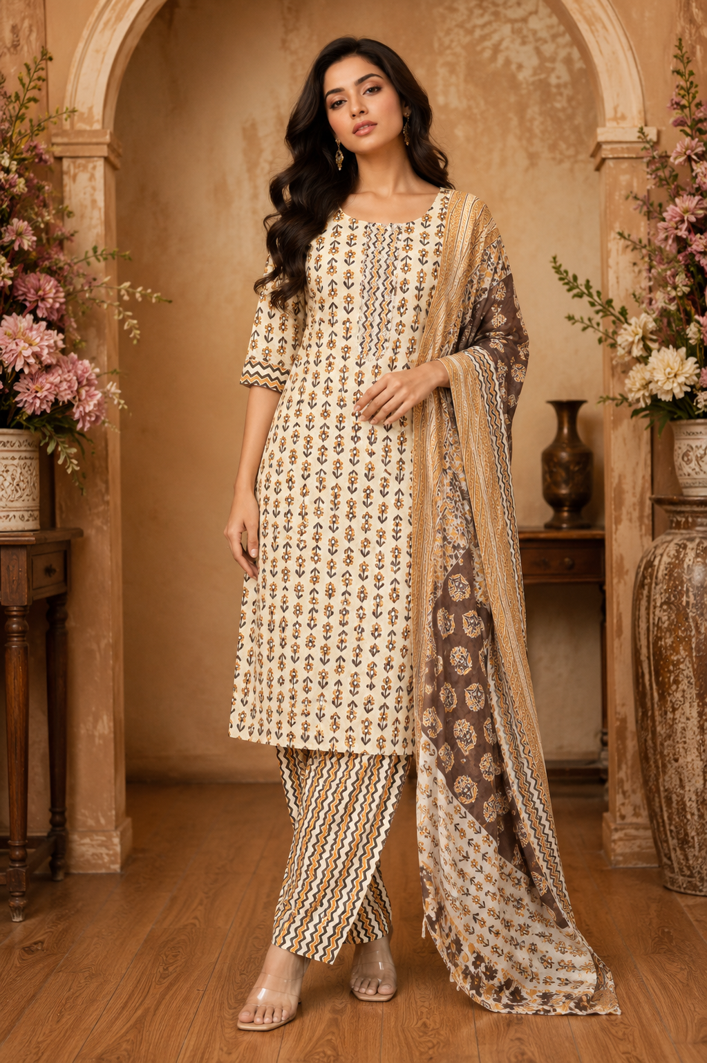 Women's 3-Piece Kurta Set with Palazzo & Dupatta