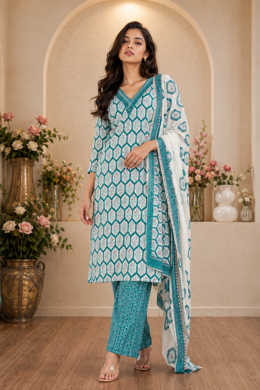 Women's 3-Piece Kurta Set with Palazzo & Dupatta