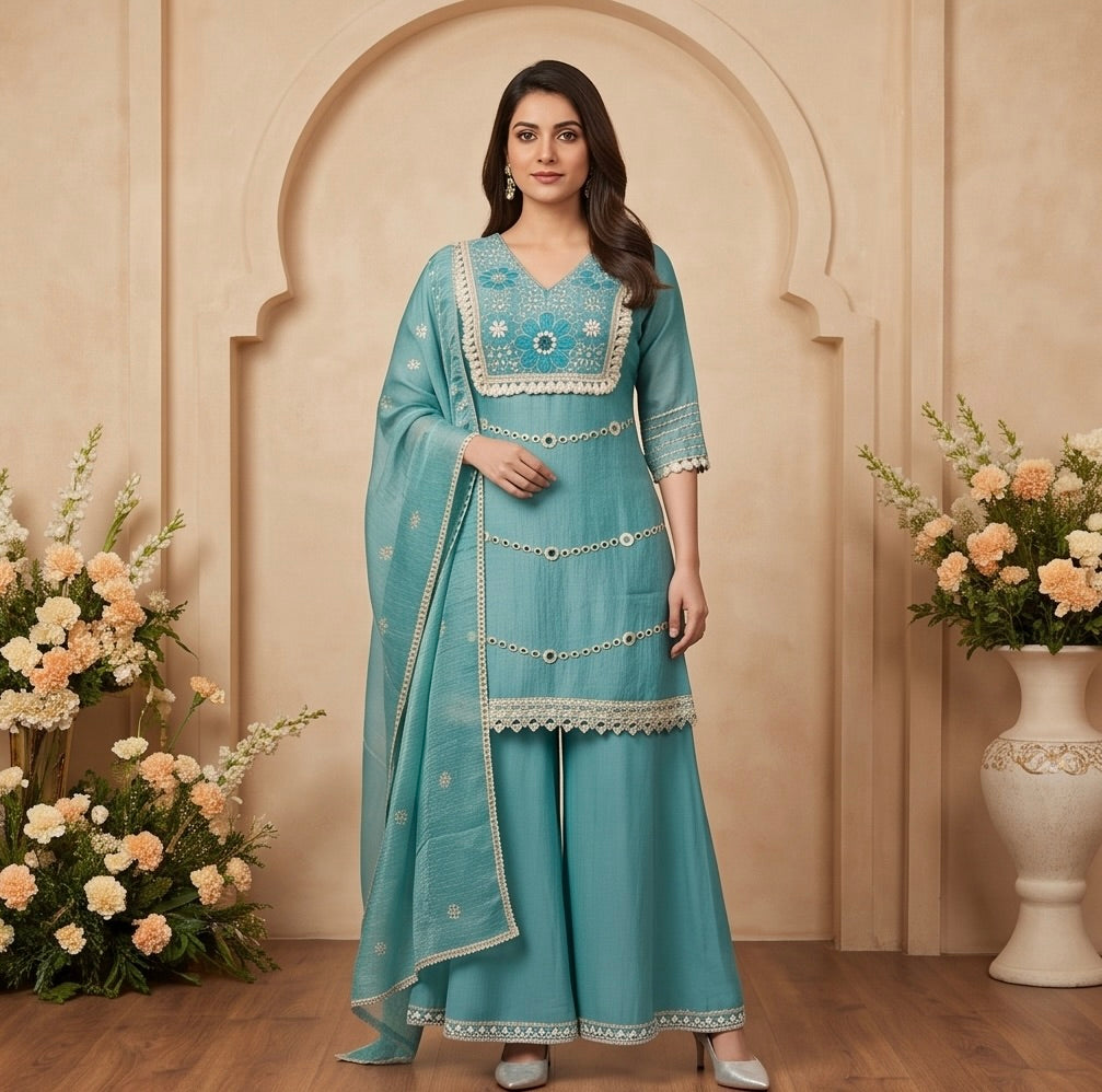 Women's 3-Piece Kurta Set with Palazzo & Dupatta