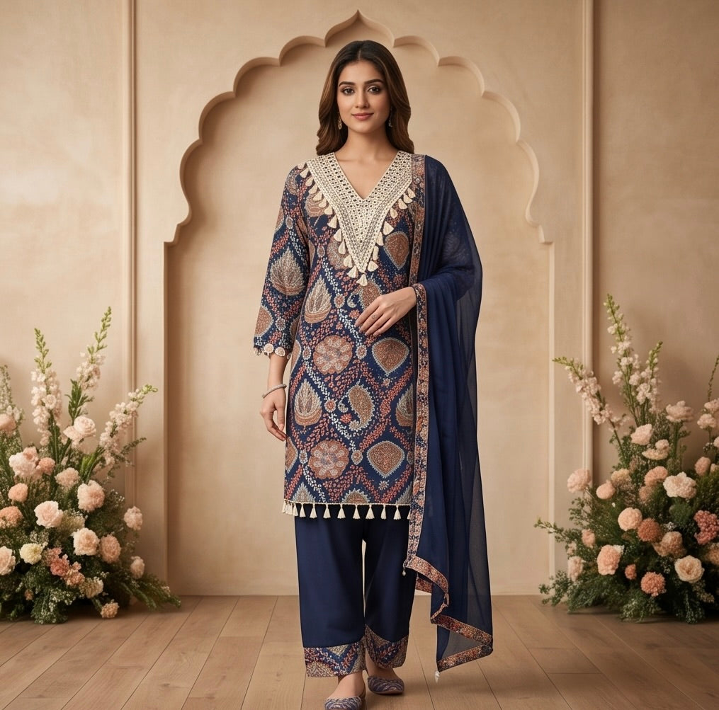 Women's Designer 3-Piece Suit Set – Kurti, Farshi Salwar & Dupatta Party & Festive Wear