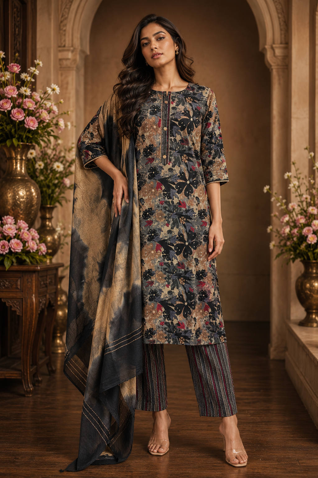 Women's 3-Piece Kurta Set with Palazzo & Dupatta