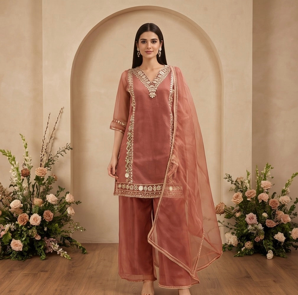 Women's 3-Piece Kurta Set with Palazzo & Dupatta