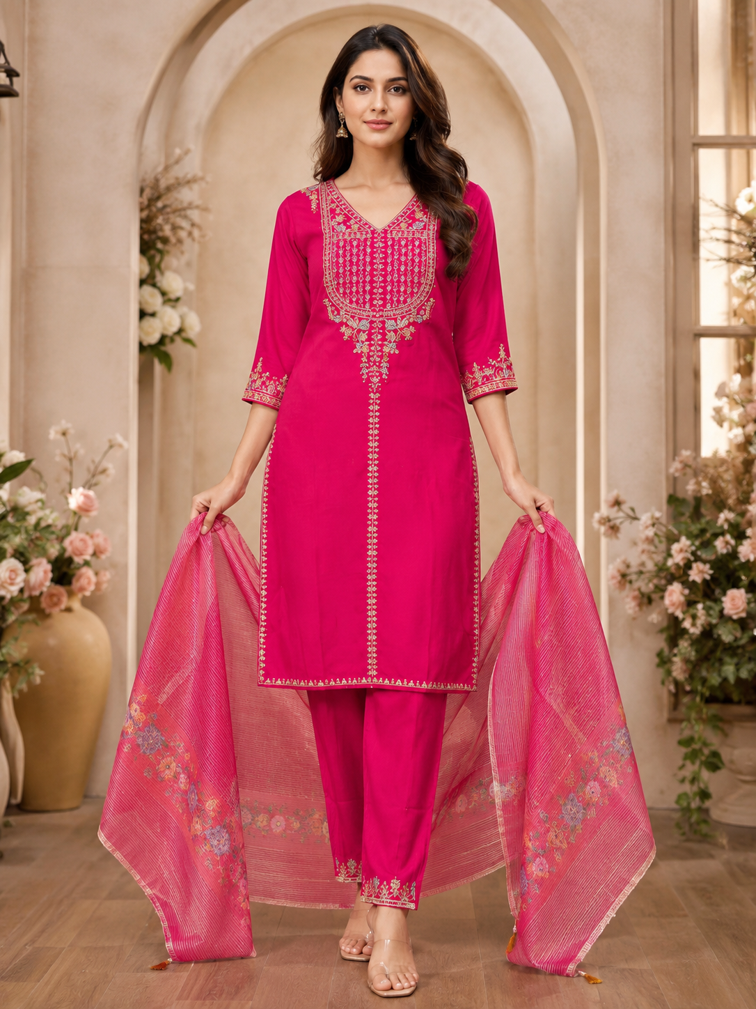 Women's 3-Piece Kurta Set with Palazzo & Dupatta