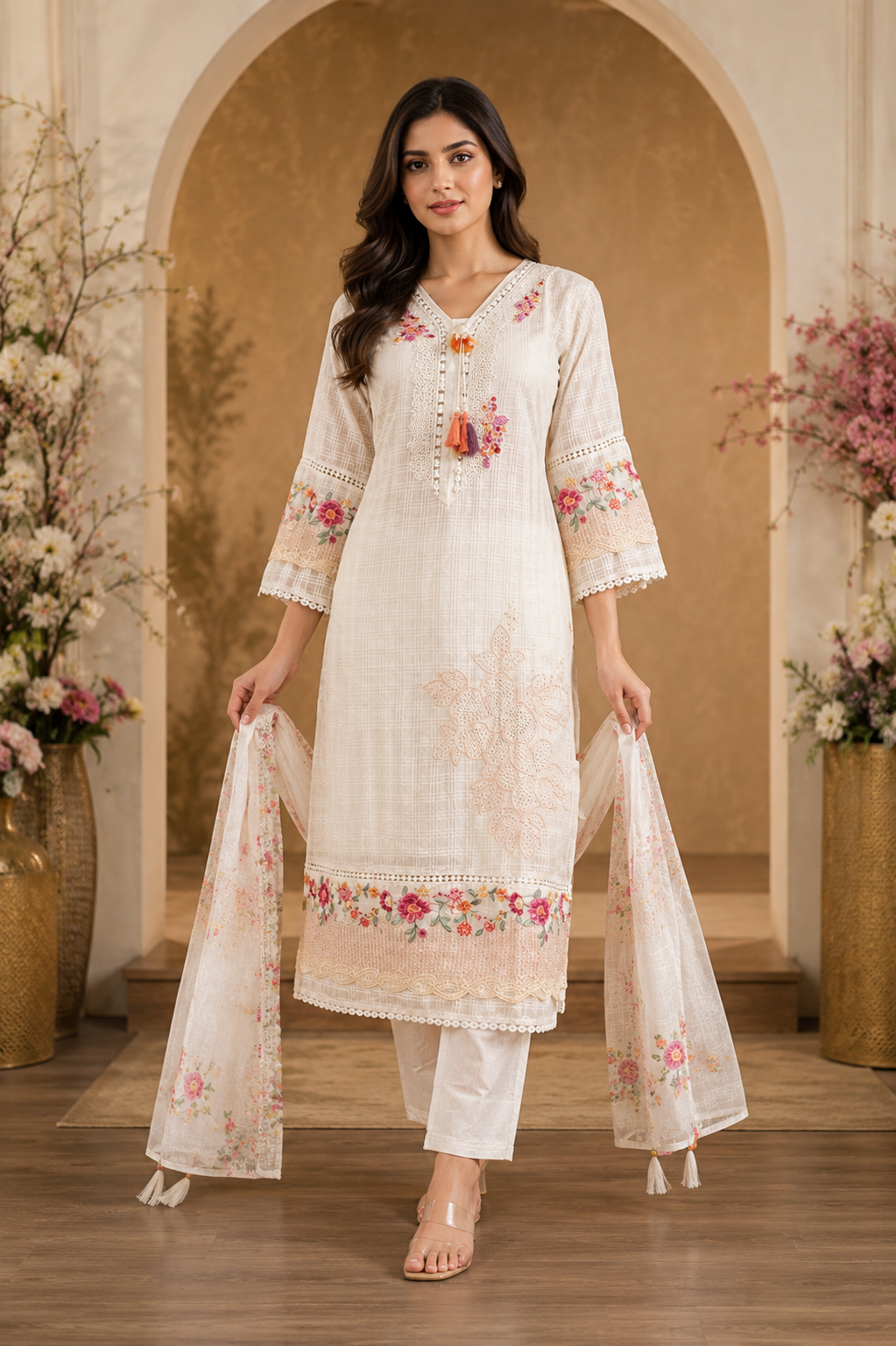 Women's 3-Piece Kurta Set with Palazzo & Dupatta