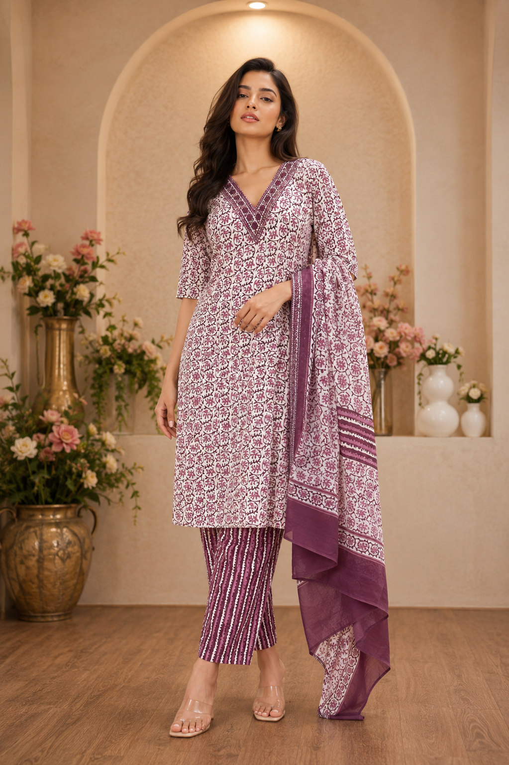 Women's 3-Piece Kurta Set with Palazzo & Dupatta
