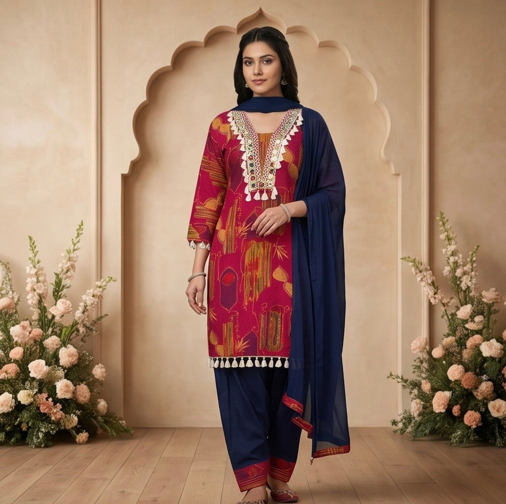 Women's 3-Piece Kurta Set with Farshi Slwar & Dupatta