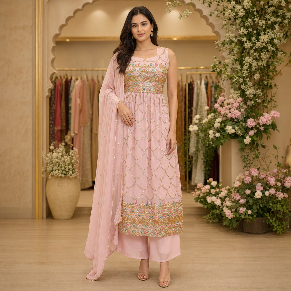 Women's 3-Piece Frock Kurta Set with Palazzo & Dupatta