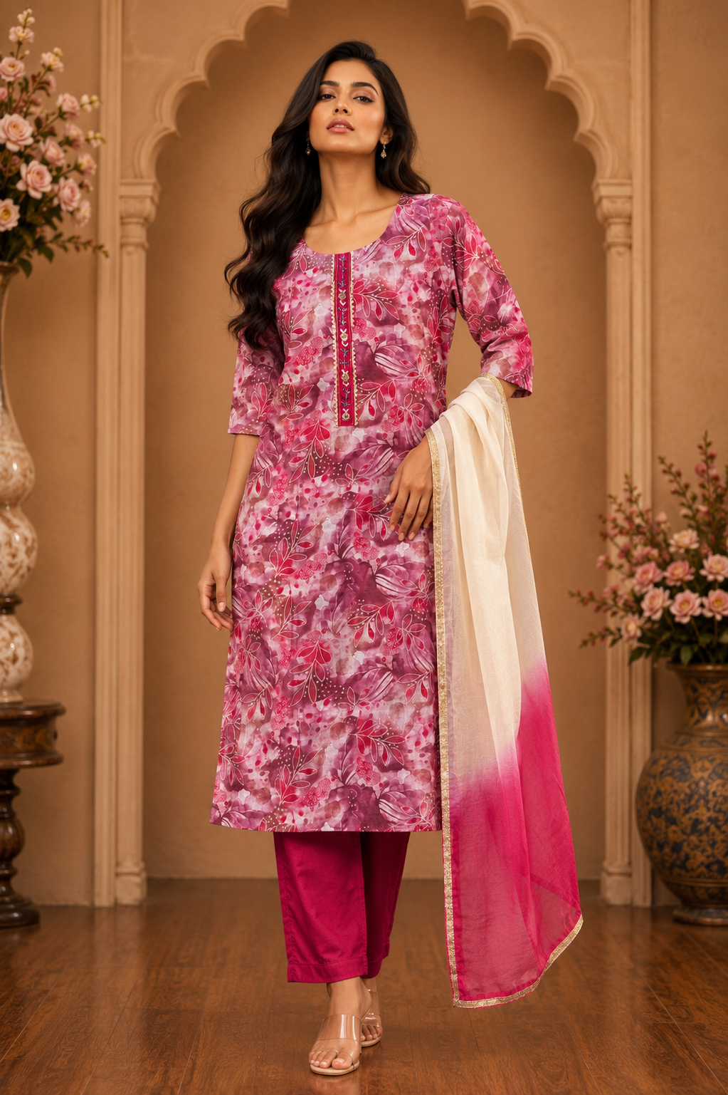 Women's 3-Piece Kurta Set with Palazzo & Dupatta