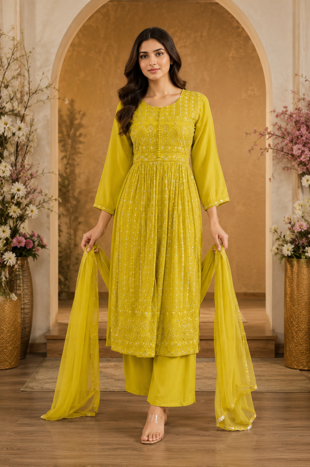 Women's 3-Piece Frock Kurta Set with Palazzo & Dupatta
