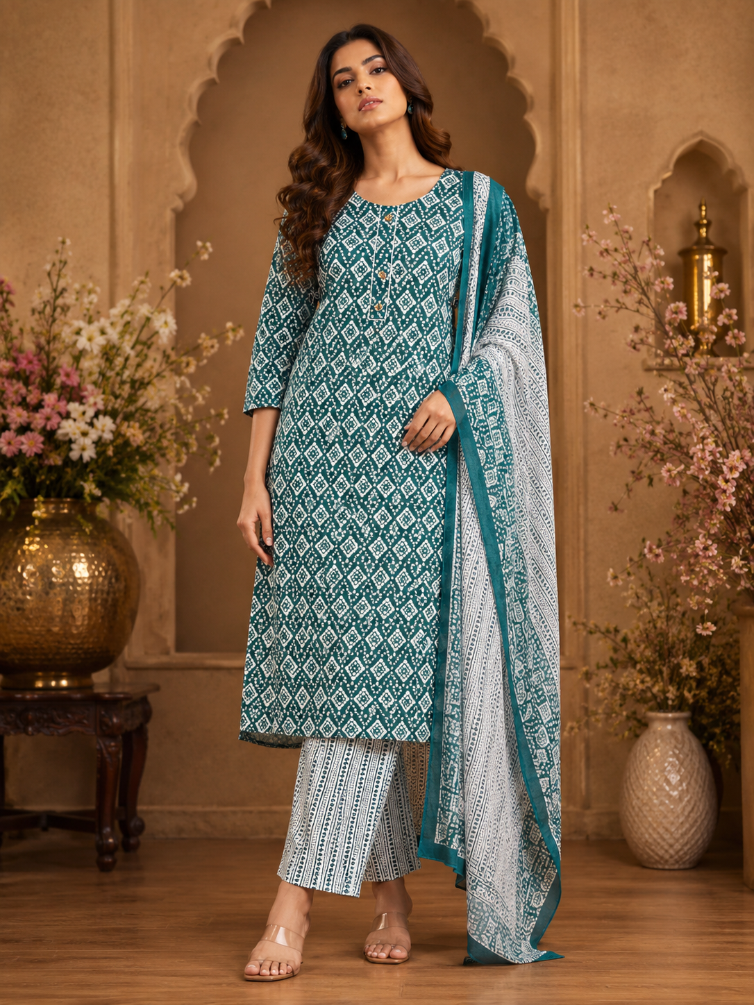 Women's 3-Piece Kurta Set with Palazzo & Dupatta