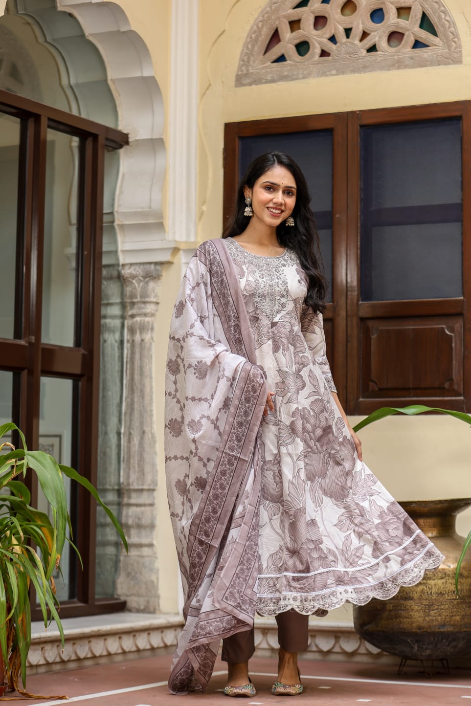 Women's 3-Piece Frock Kurta Set with Palazzo & Dupatta