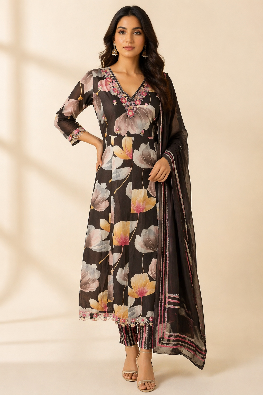 Women's 3-Piece Frock Kurta Set with Palazzo & Dupatta