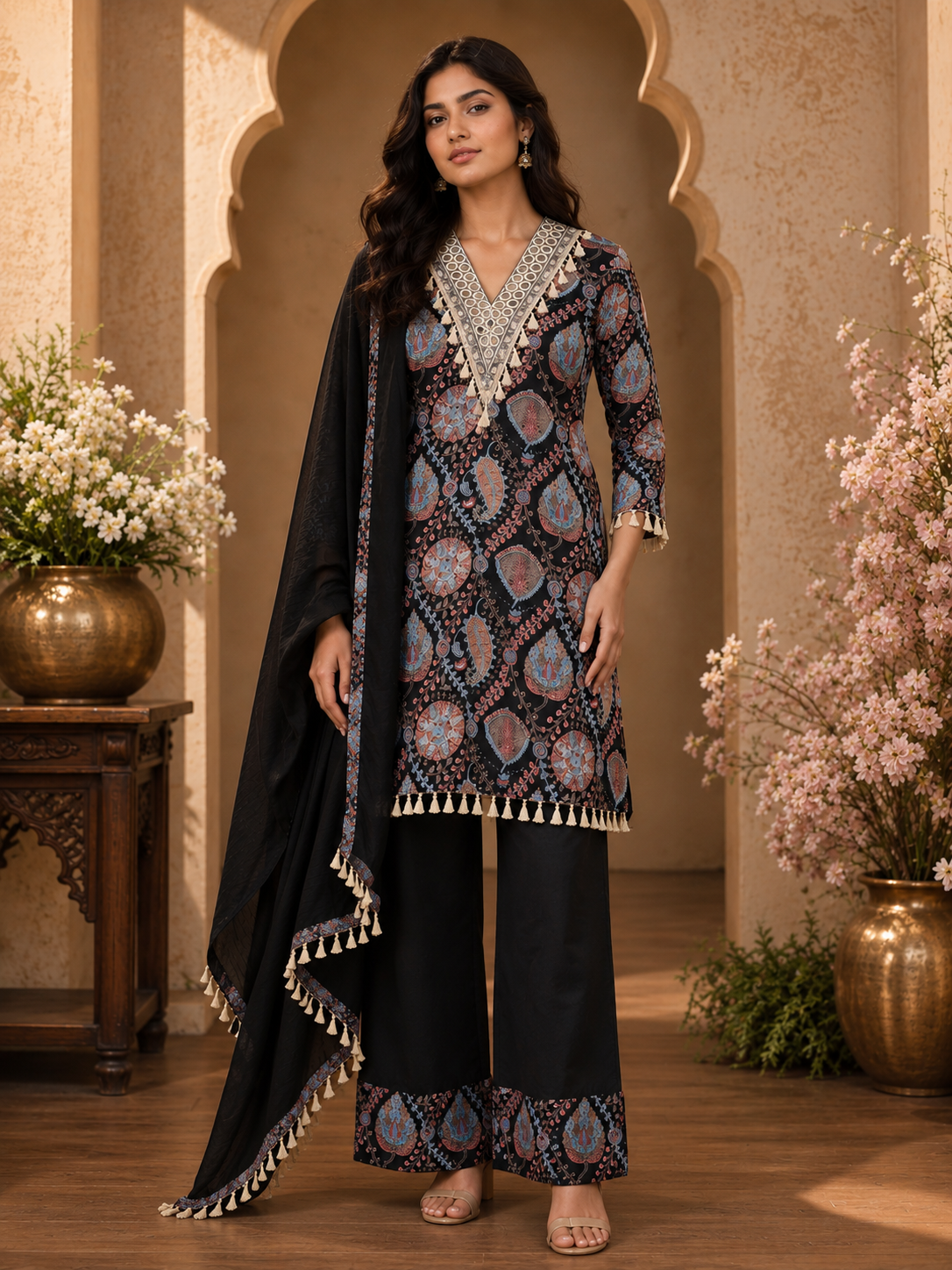 Women's 3-Piece Kurta Set with Farshi Salwar & Dupatta