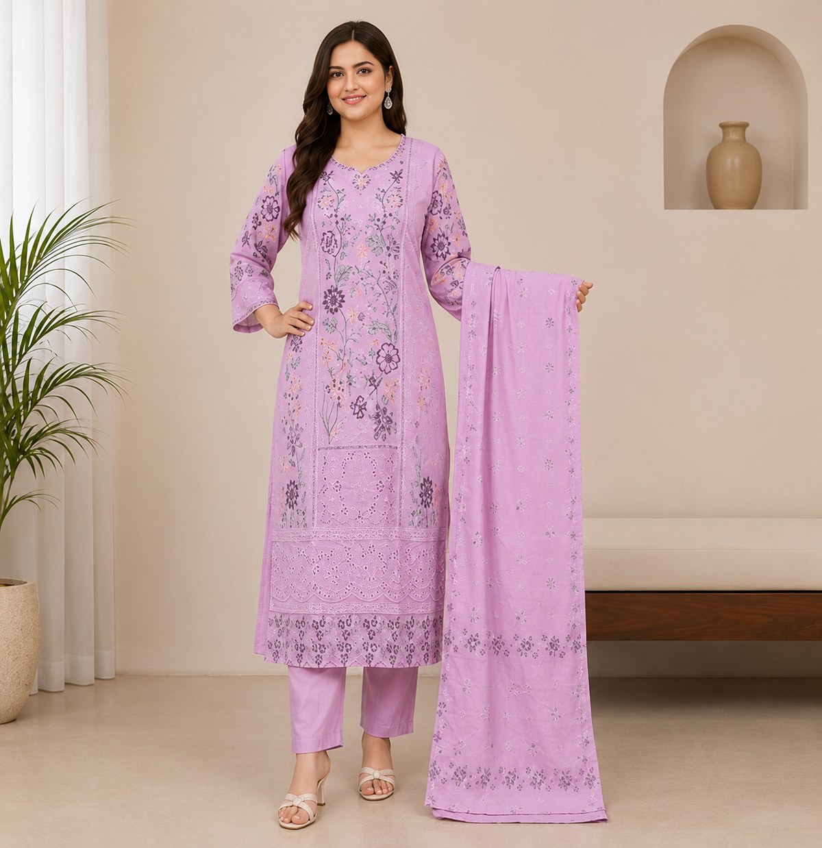 Women's 3-Piece Kurta Set with Palazzo & Dupatta