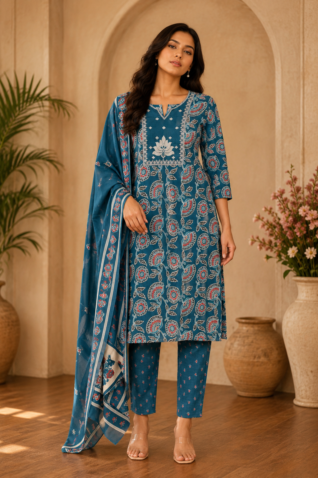 Women's 3-Piece Kurta Set with Palazzo & Dupatta