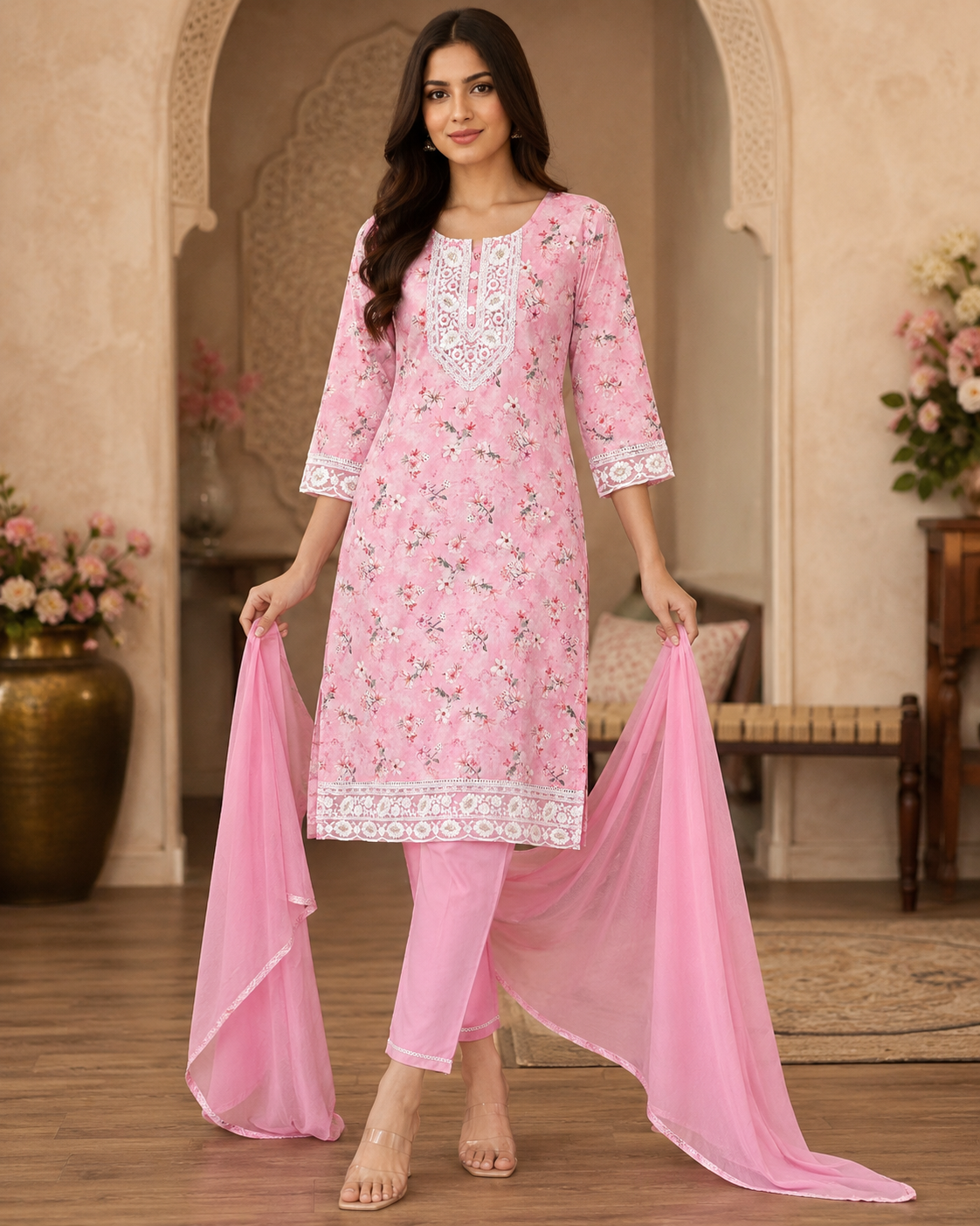 Women's 3-Piece Kurta Set with Palazzo & Dupatta