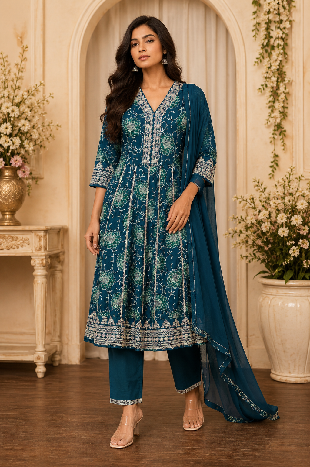 Women's 3-Piece Frock Kurta Set with Palazzo & Dupatta