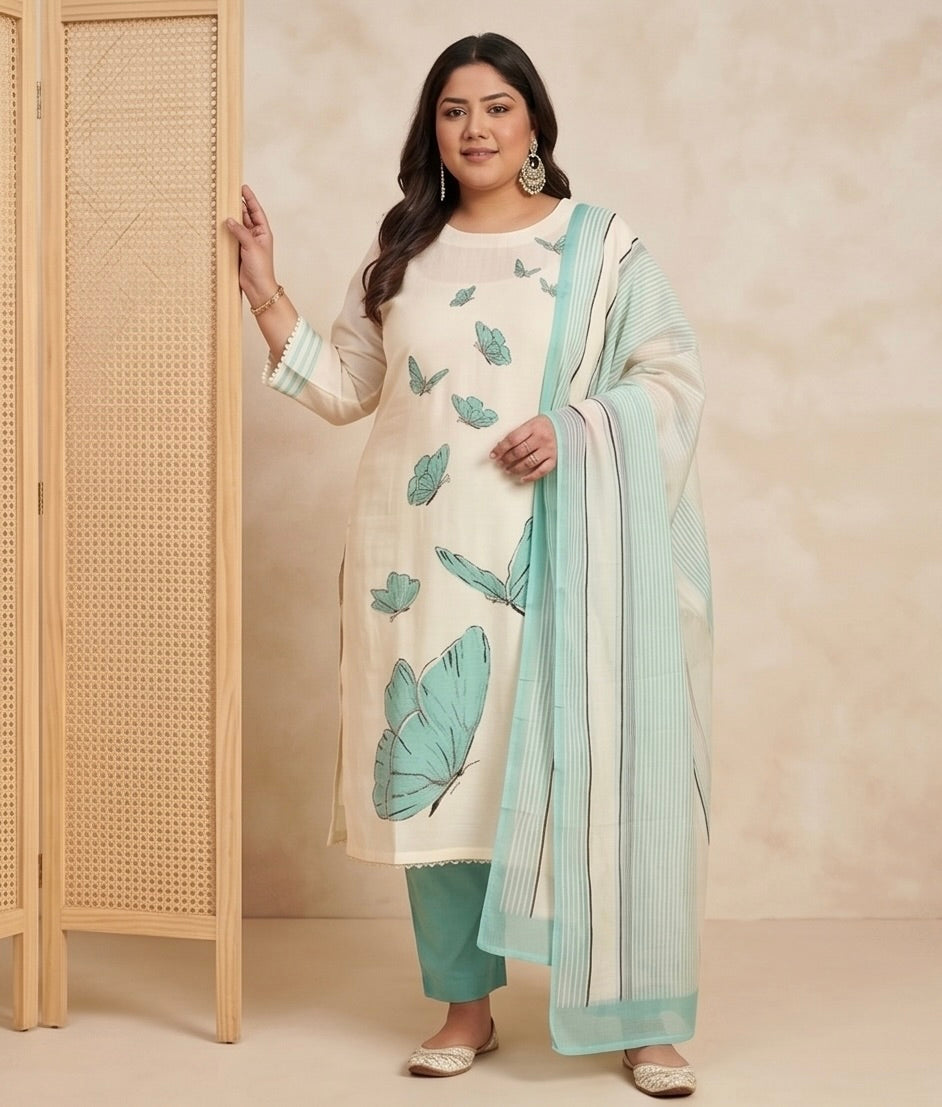 Cream Butterfly Print Kurta Set