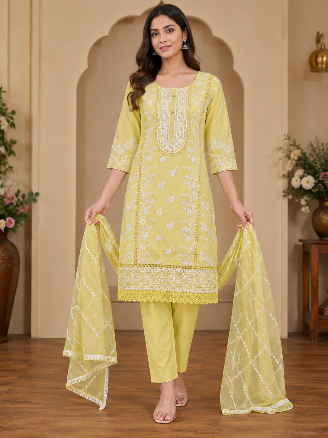 Women's 3-Piece Kurta Set with Palazzo & Dupatta