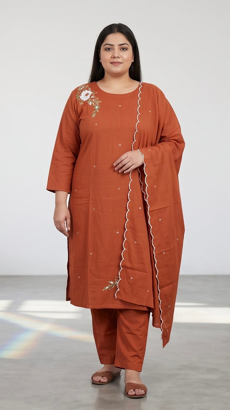 Rust Embroidered Kurta Set