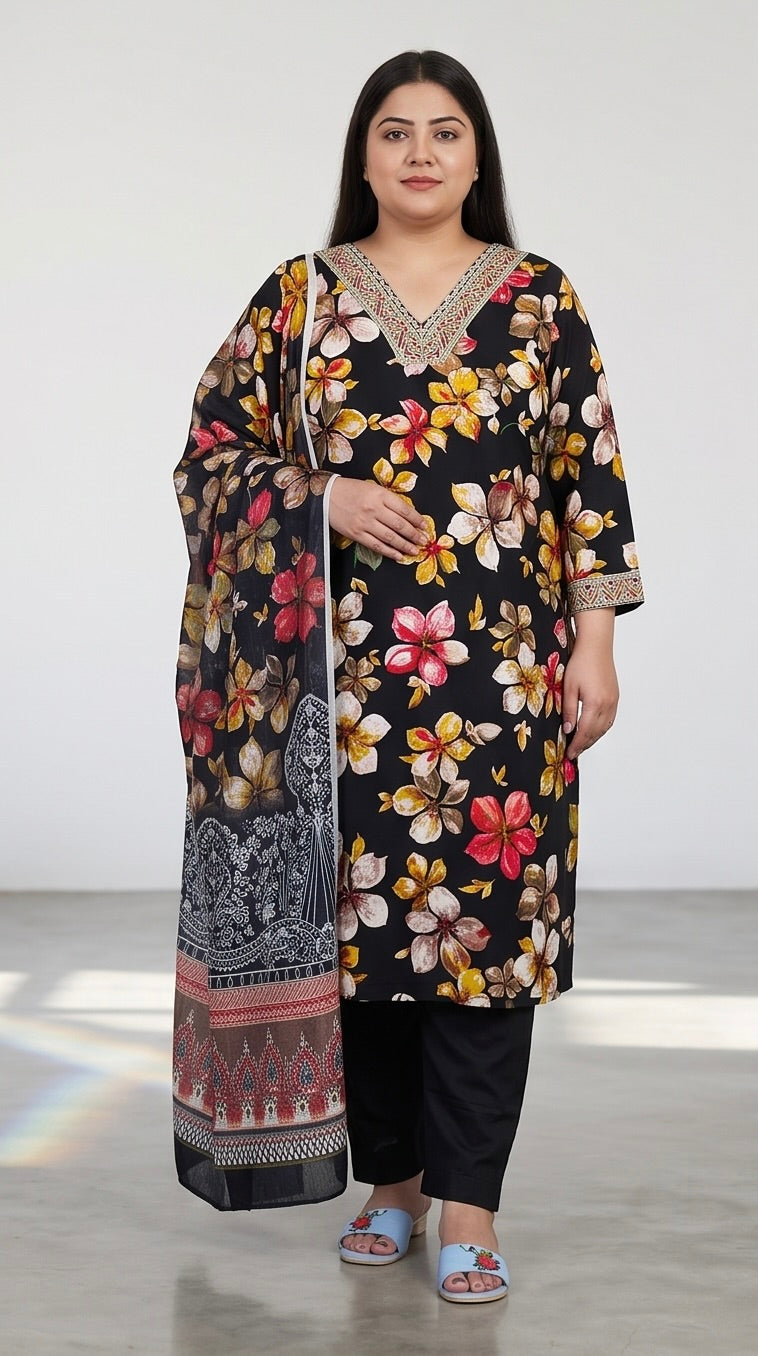 Black Floral Print Kurta Set