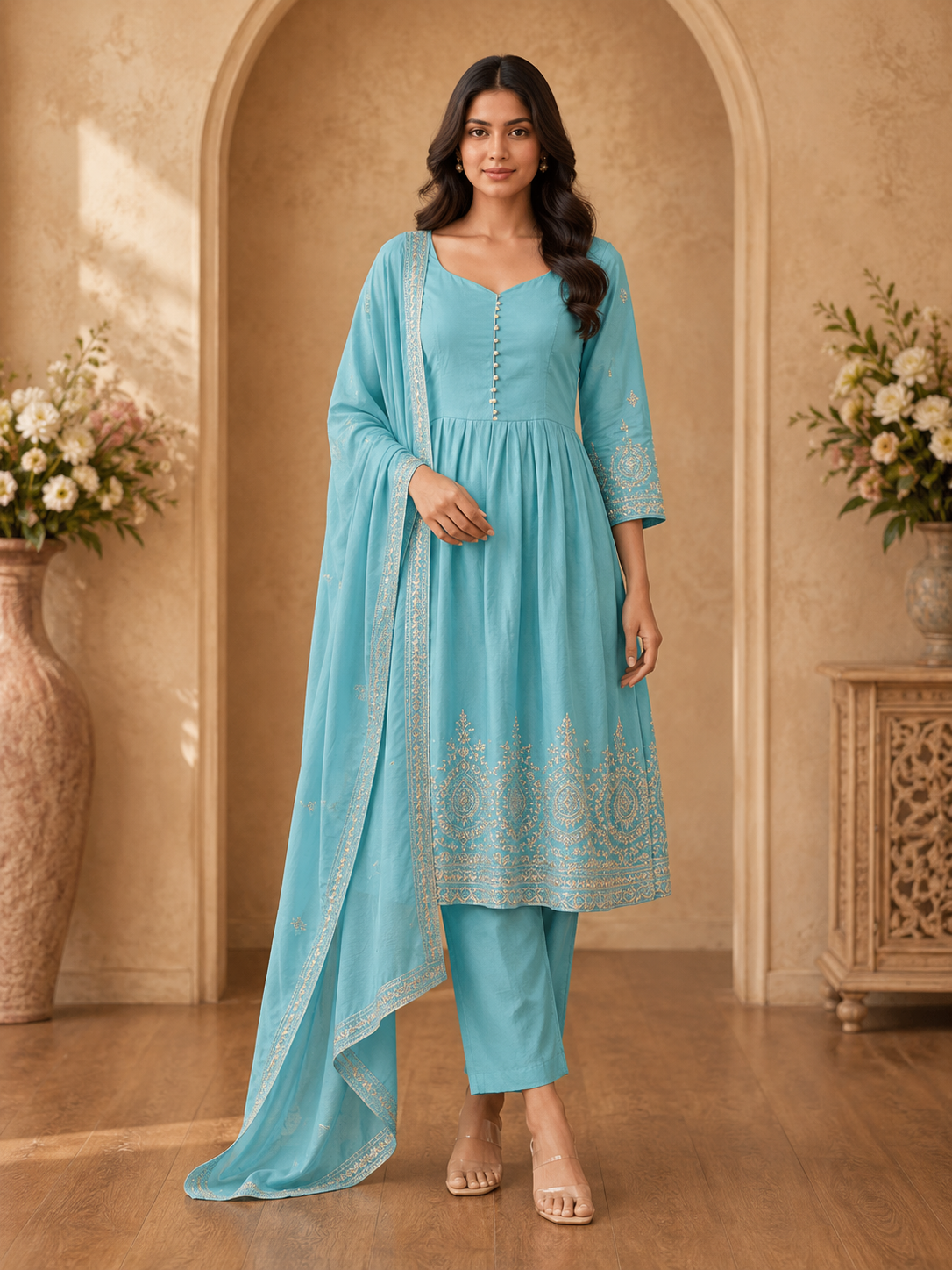 Women's 3-Piece Kurta Set with Palazzo & Dupatta