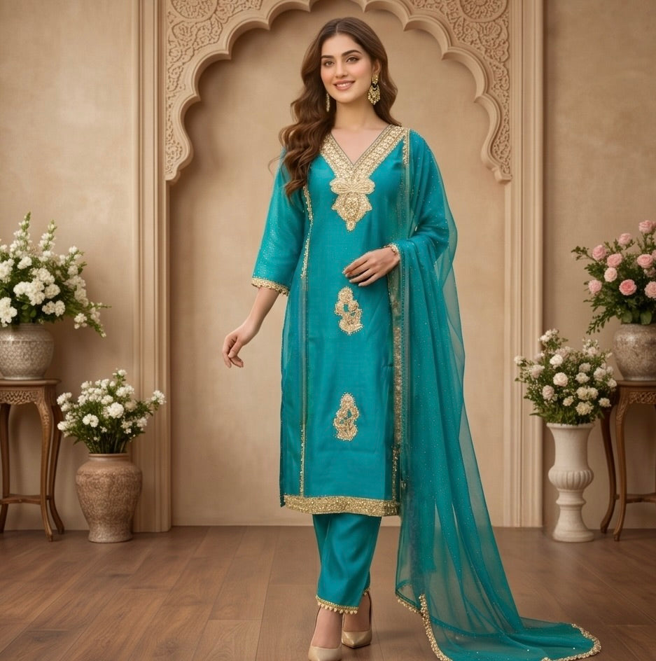 Women's 3-Piece Kurta Set with Palazzo & Dupatta
