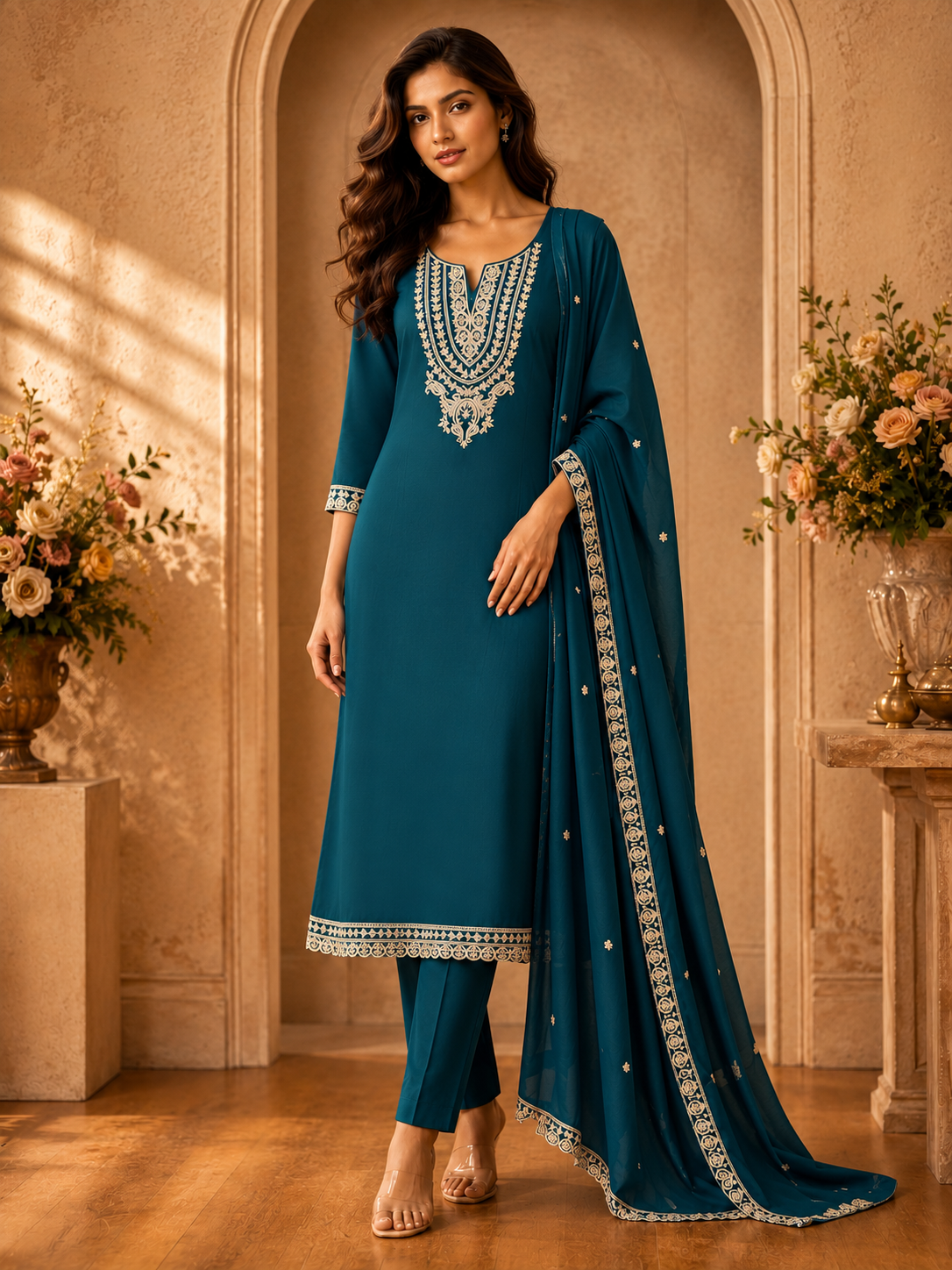 Women's 3-Piece Frock Kurta Set with Palazzo & Dupatta