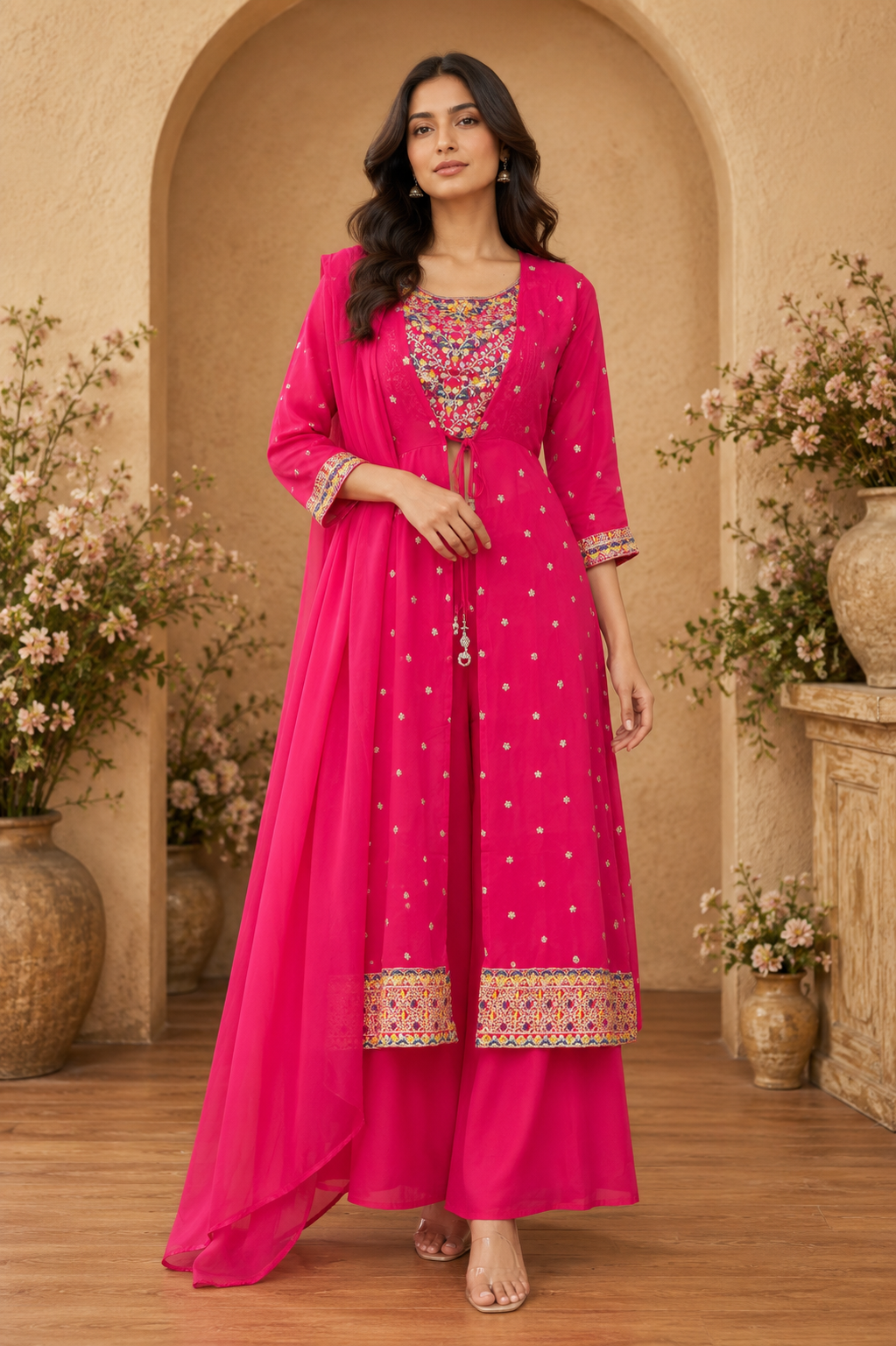 Women's 3-Piece Kurta Set with Palazzo & Dupatta