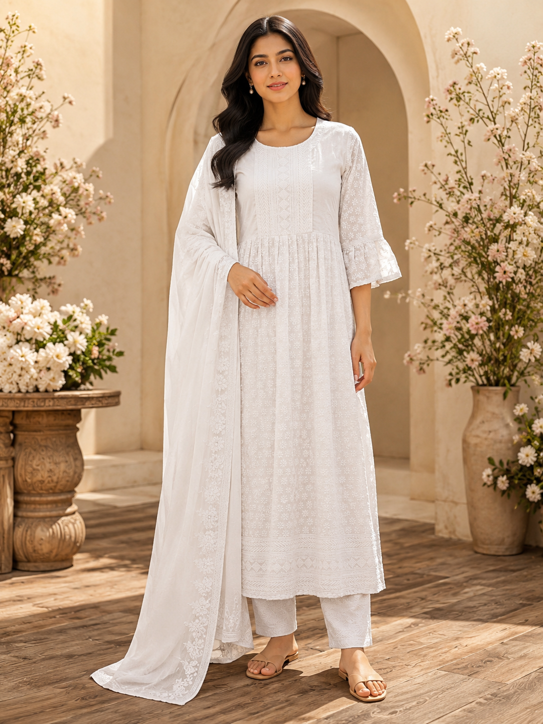 Women's 3-Piece Frock Kurta Set with Palazzo & Dupatta