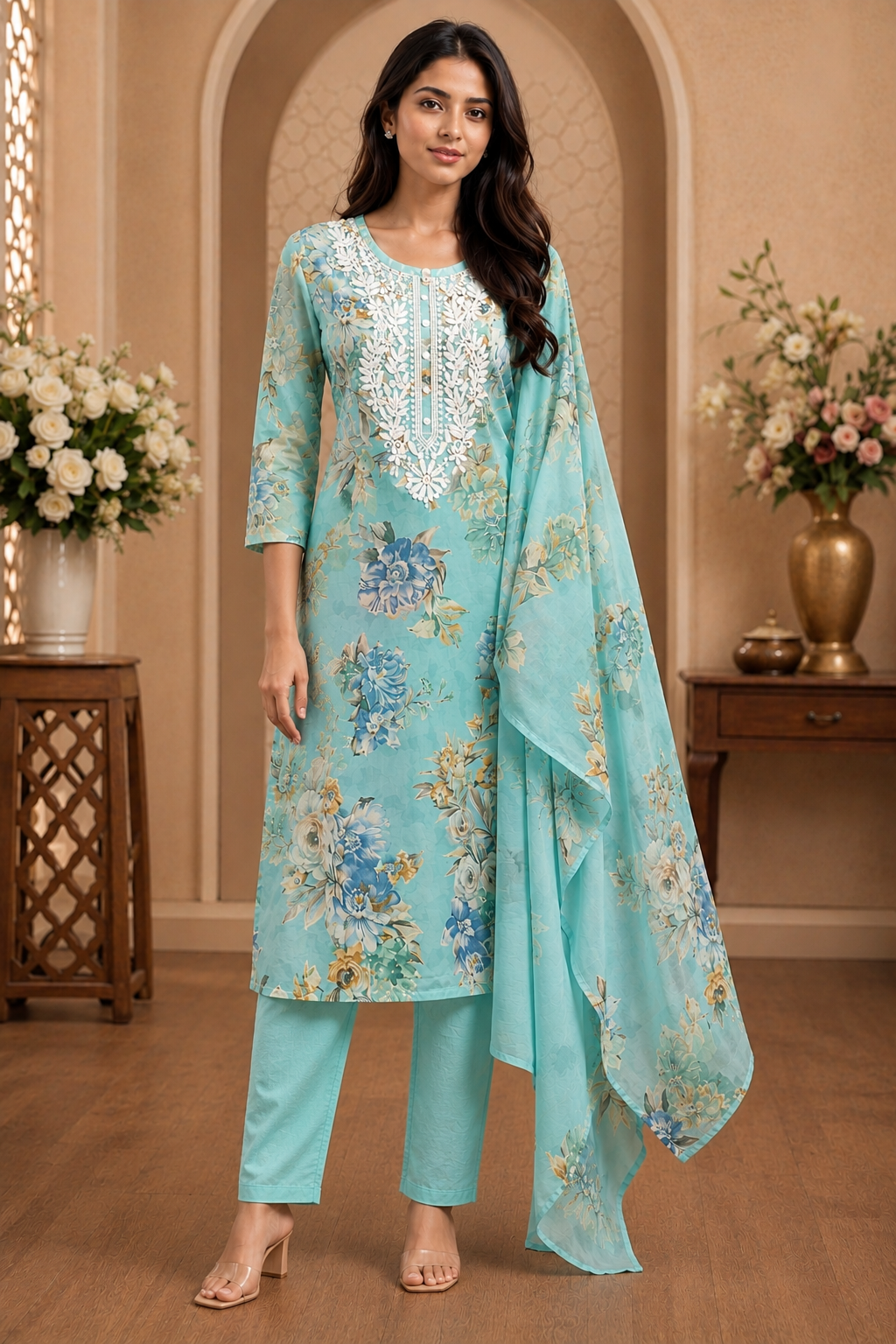 Women's 3-Piece Kurta Set with Palazzo & Dupatta