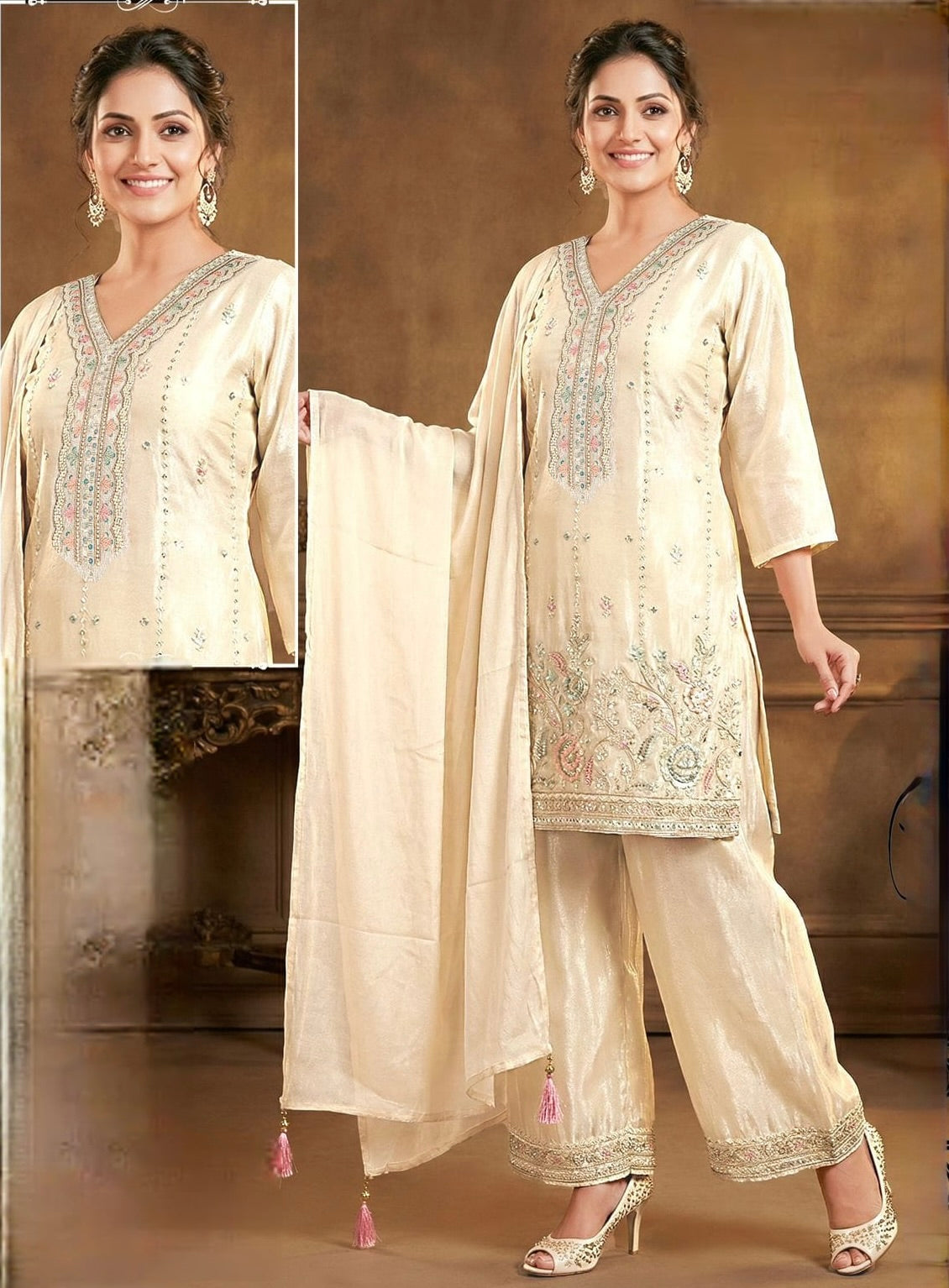 Women's 3-Piece Kurta Set with Palazzo & Dupatta