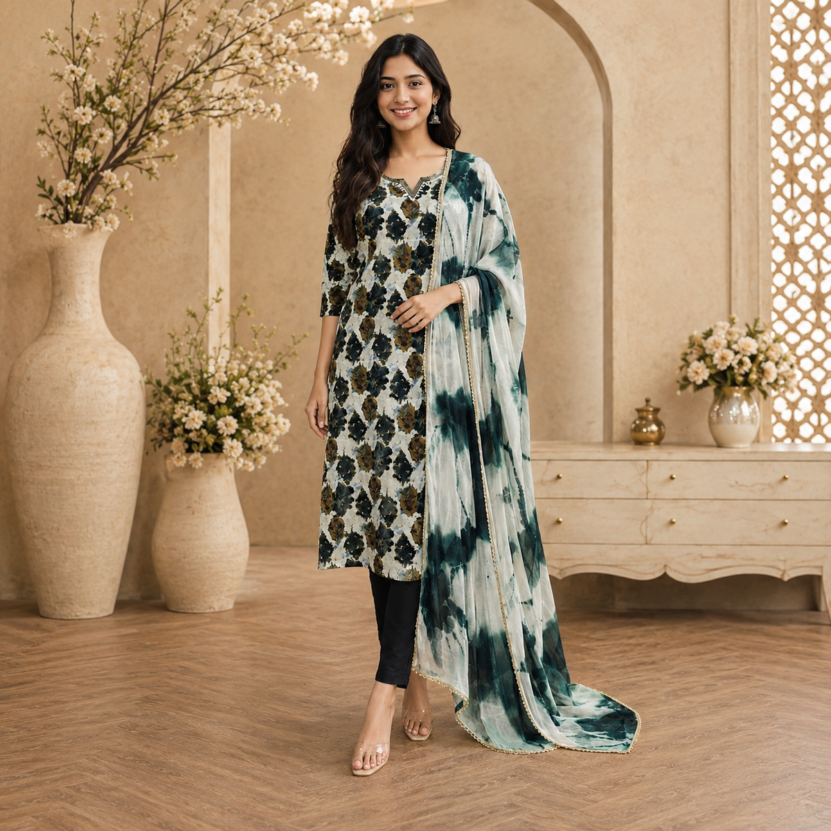 Women's 3-Piece Kurta Set with Palazzo & Dupatta